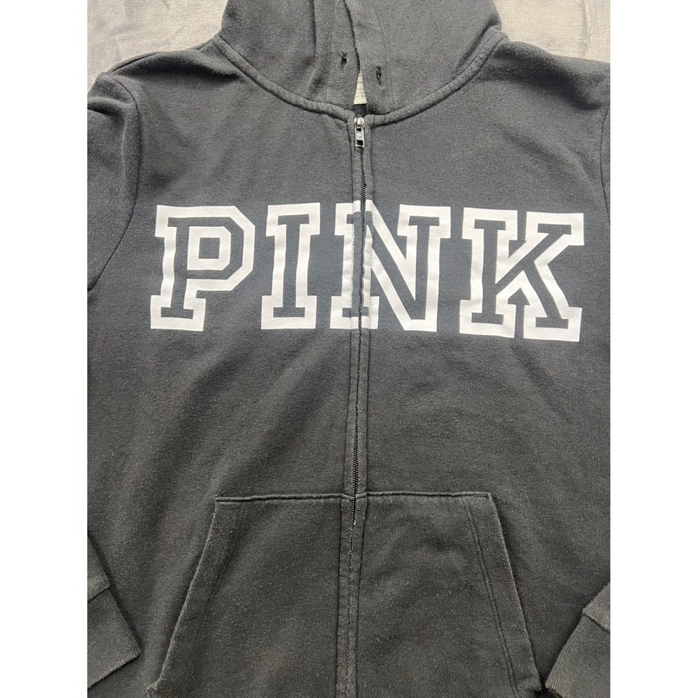 Victoria's Secret‎ PINK Black Full Zip Logo Hoodie Sweatshirt Womens Medium - Picture 3 of 7